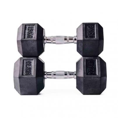 hexa dumbbells van 15 en 22.5 kg opgestapeld op elkaar