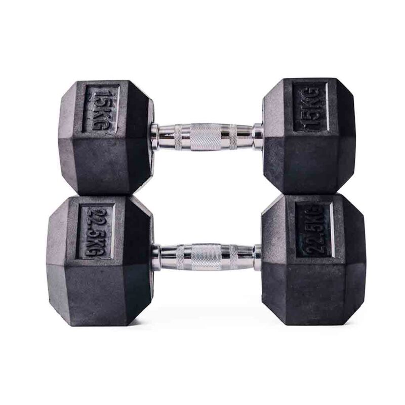 hexa dumbbells van 15 en 22.5 kg opgestapeld op elkaar
