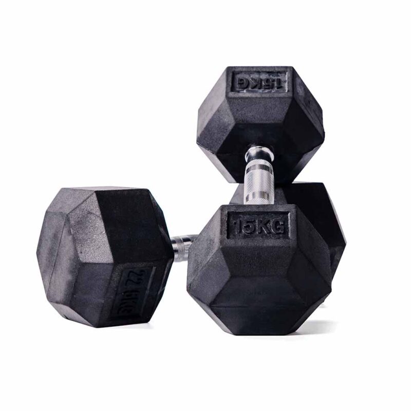 hexa dumbbells van 15 en 22.5 kg schuin opgestapeld op elkaar