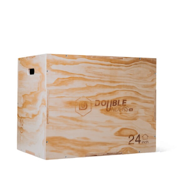 houten plyo box productfoto waarbij de gehele box op de foto staat met het doubleunders logo en de afmetingen aan de zijkant