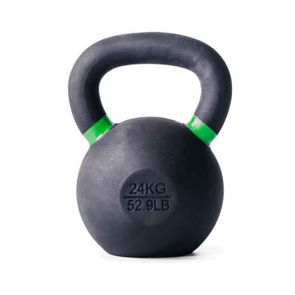 kettlebell 24 kg met zwarte afwerking en het gewicht ingegraveerd en een groene verf rand