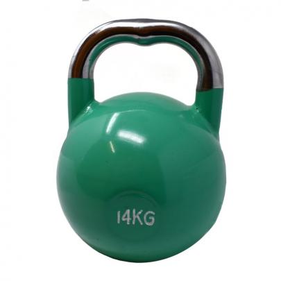 Voorbeeld van een stalen kettlebell in de kleur groen. Gewicht 14kg. Gebruikt in onze blog als voorbeeld. 